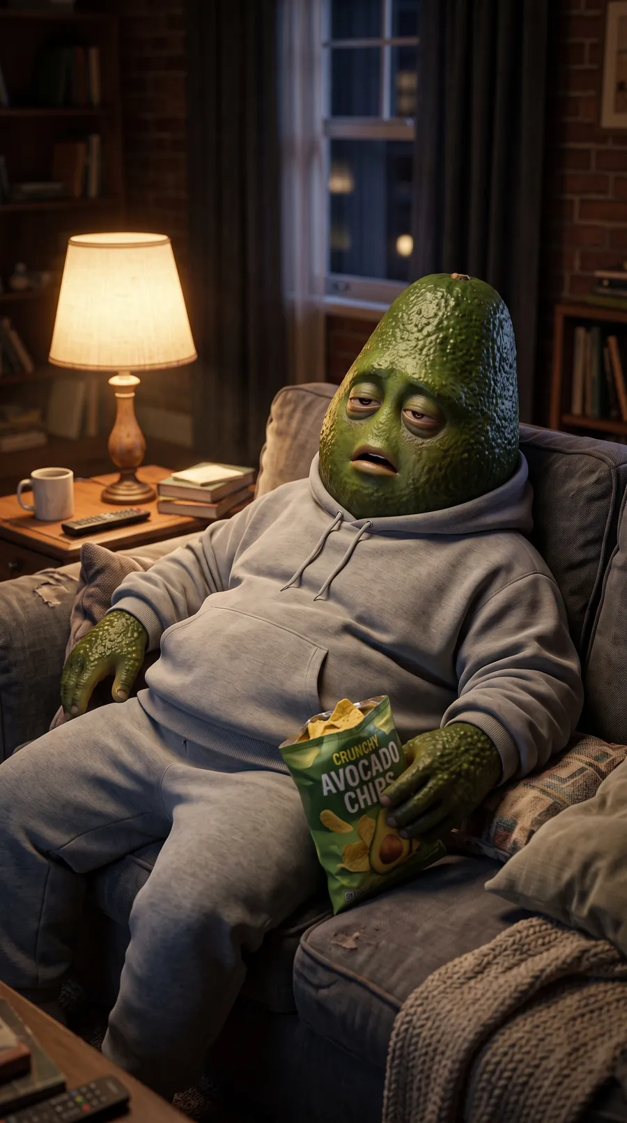 Andy the avocado in a grey hoodie, slumped on a couch with a bag of chips