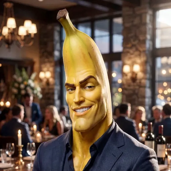 Brad the banana in a navy suit jacket, grinning in a candlelit restaurant