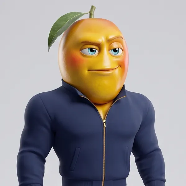 Marco the mango in a navy zip-up track jacket, smirking