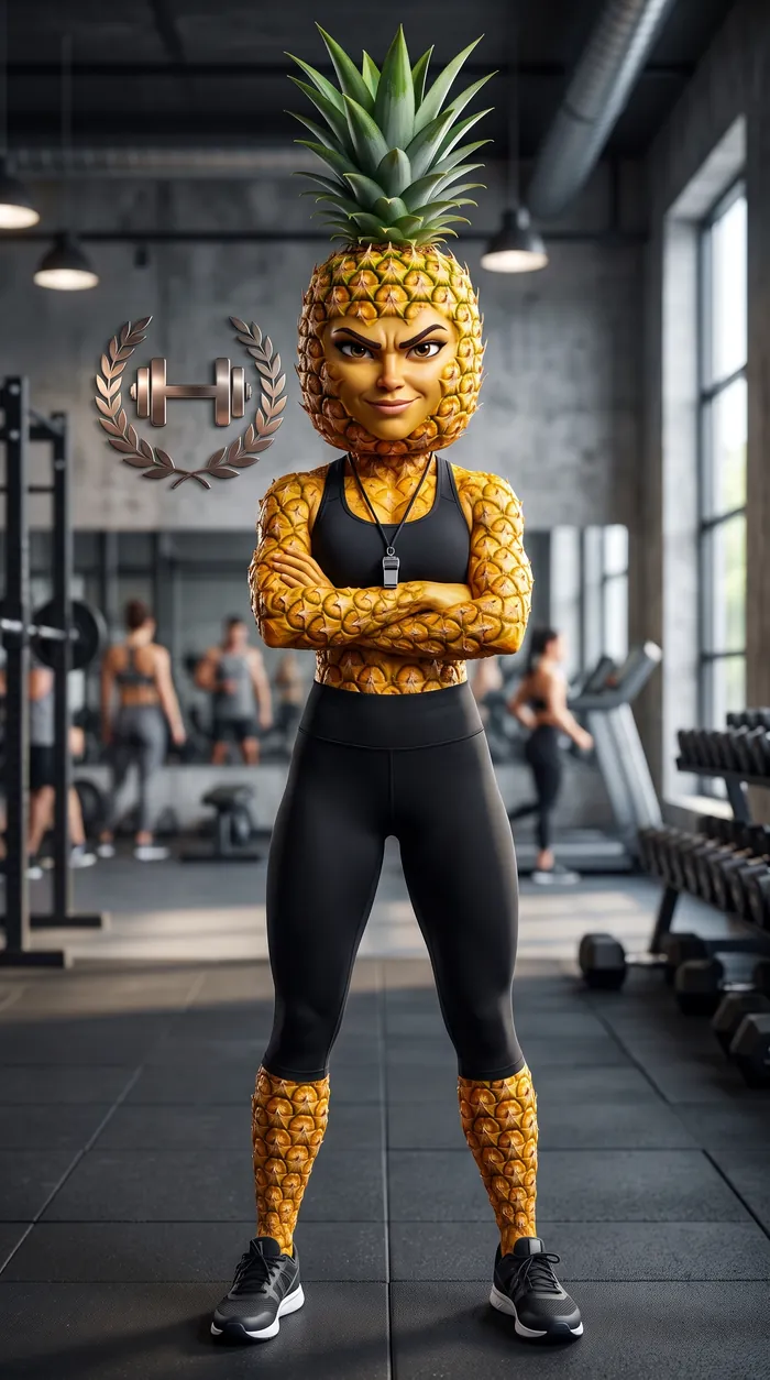 Pam the pineapple coach, arms crossed in a gym