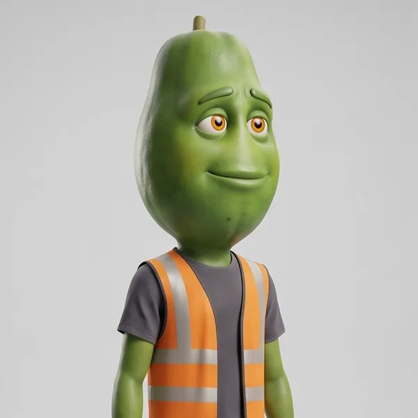 Pip the green papaya in an orange hi-vis vest over a grey T-shirt